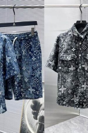 Louis Vuitton Distressed Monogram Denim Shirt & Shorts Set