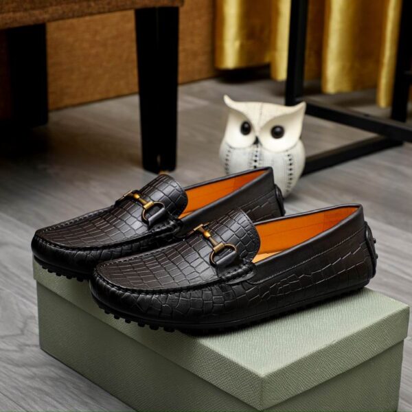 Men's Black Crocodile Embossed Leather Driving Loafers