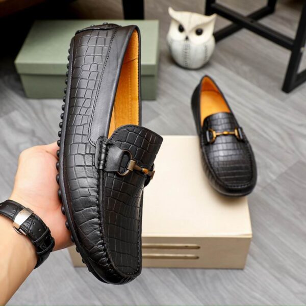 Men's Black Crocodile Embossed Leather Driving Loafers - Image 6