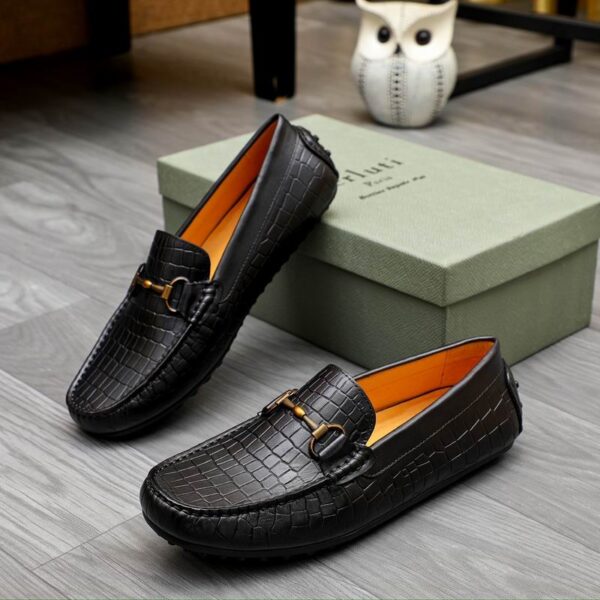 Men's Black Crocodile Embossed Leather Driving Loafers - Image 5