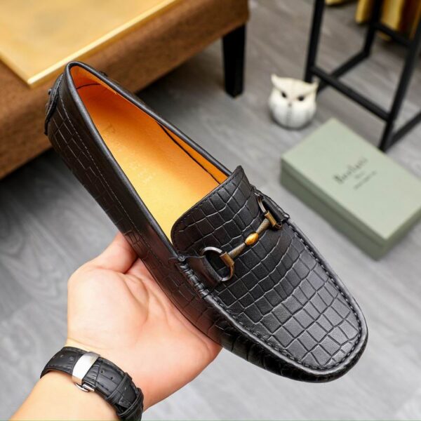 Men's Black Crocodile Embossed Leather Driving Loafers - Image 4