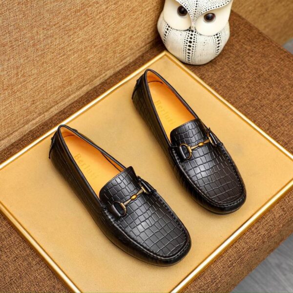 Men's Black Crocodile Embossed Leather Driving Loafers - Image 3