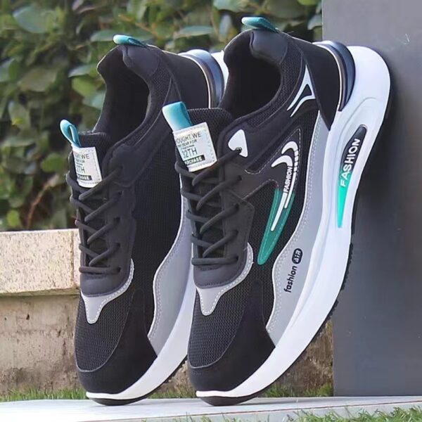 Mesh & Leather Casual Lace-Up Sneakers - Black, White & Gray - Image 2