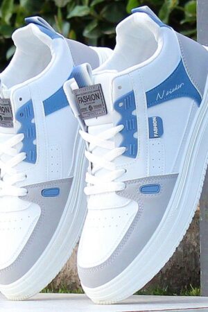 Modern Tri-Color Accent Sneakers - White, Blue & Gray.