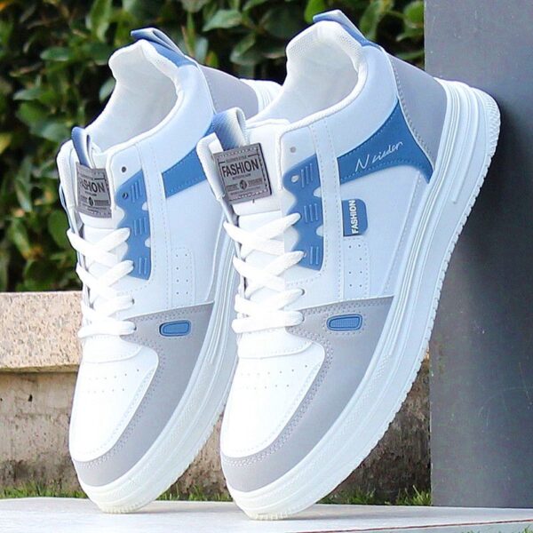 Modern Tri-Color Accent Sneakers - White, Blue & Gray.
