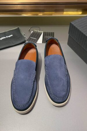 Navy Blue Suede Slip-On Loafers