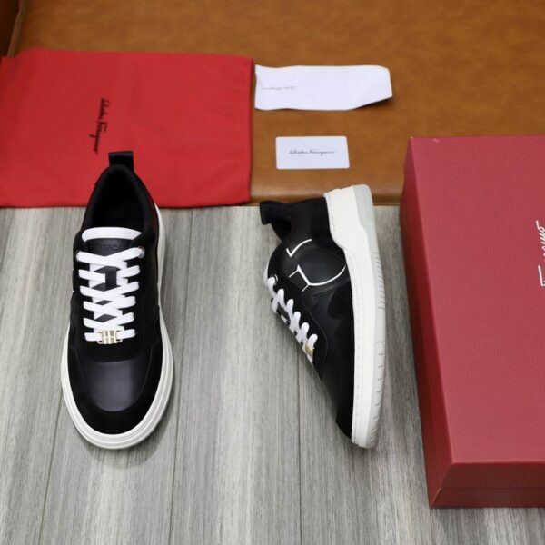 Salvatore Ferragamo Men's Black Leather Contrast Sneakers - Image 4