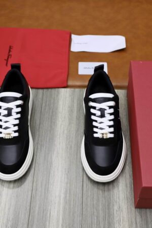 Salvatore Ferragamo Men's Black Leather Contrast Sneakers