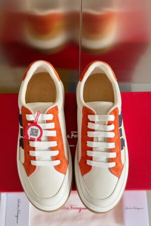 Ferragamo Men's Designer Orange Panel Leather Sneakers