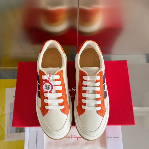 Ferragamo Men's Designer Orange Panel Leather Sneakers