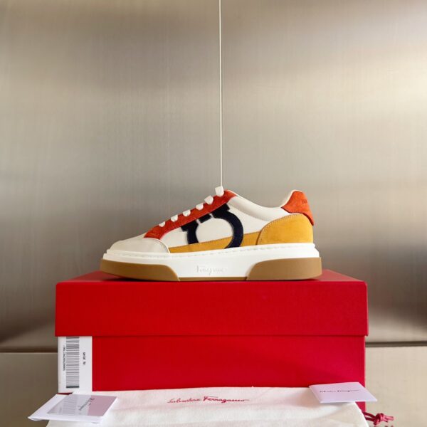 Ferragamo Men's Designer Orange Panel Leather Sneakers - Image 4