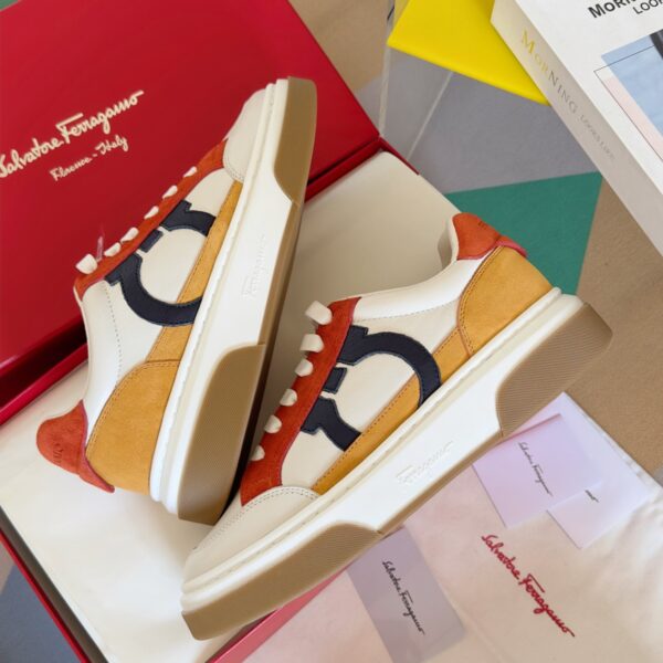 Ferragamo Men's Designer Orange Panel Leather Sneakers - Image 5