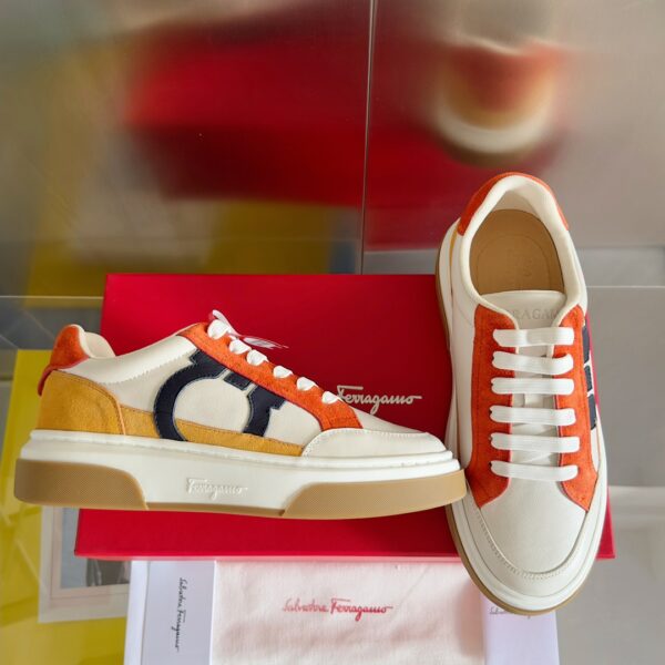 Ferragamo Men's Designer Orange Panel Leather Sneakers - Image 6