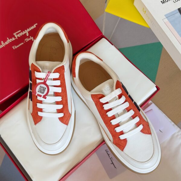 Ferragamo Men's Designer Orange Panel Leather Sneakers - Image 3