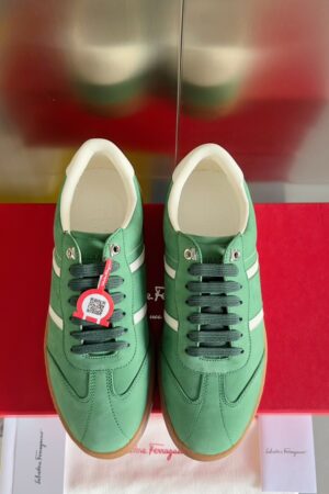 Salvatore Ferragamo Men's Green Leather Retro Runner Sneakers