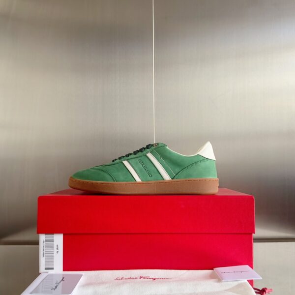 Salvatore Ferragamo Men's Green Leather Retro Runner Sneakers - Image 5