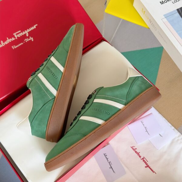 Salvatore Ferragamo Men's Green Leather Retro Runner Sneakers - Image 4