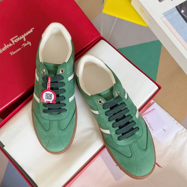 Salvatore Ferragamo Men's Green Leather Retro Runner Sneakers - Image 2