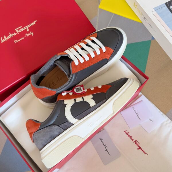Salvatore Ferragamo Men's Grey Orange Color-Block Sneakers - Image 5