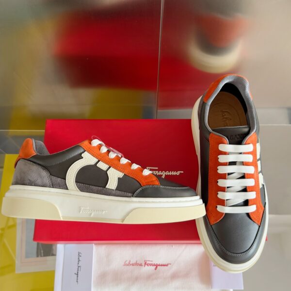 Salvatore Ferragamo Men's Grey Orange Color-Block Sneakers - Image 6