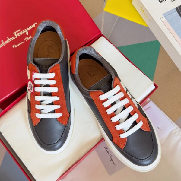 Salvatore Ferragamo Men's Grey Orange Color-Block Sneakers - Image 3