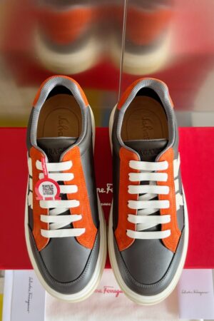 Salvatore Ferragamo Men's Grey Orange Color-Block Sneakers