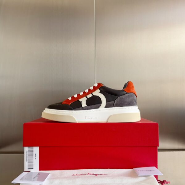 Salvatore Ferragamo Men's Grey Orange Color-Block Sneakers - Image 4