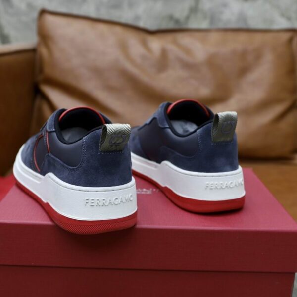 Salvatore Ferragamo Men's Navy Red Accent Leather Sneakers - Image 5