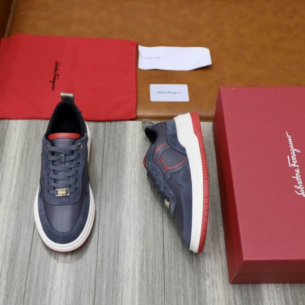 Salvatore Ferragamo Men's Navy Red Accent Leather Sneakers - Image 3