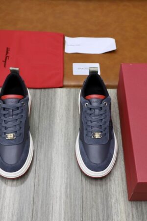 Salvatore Ferragamo Men's Navy Red Accent Leather Sneakers