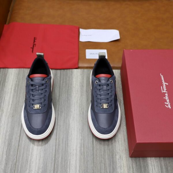 Salvatore Ferragamo Men's Navy Red Accent Leather Sneakers