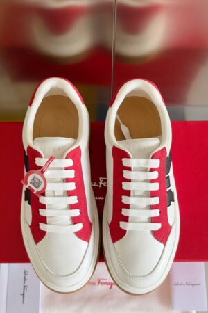 Salvatore Ferragamo Men's White Red Gancini Leather Sneakers
