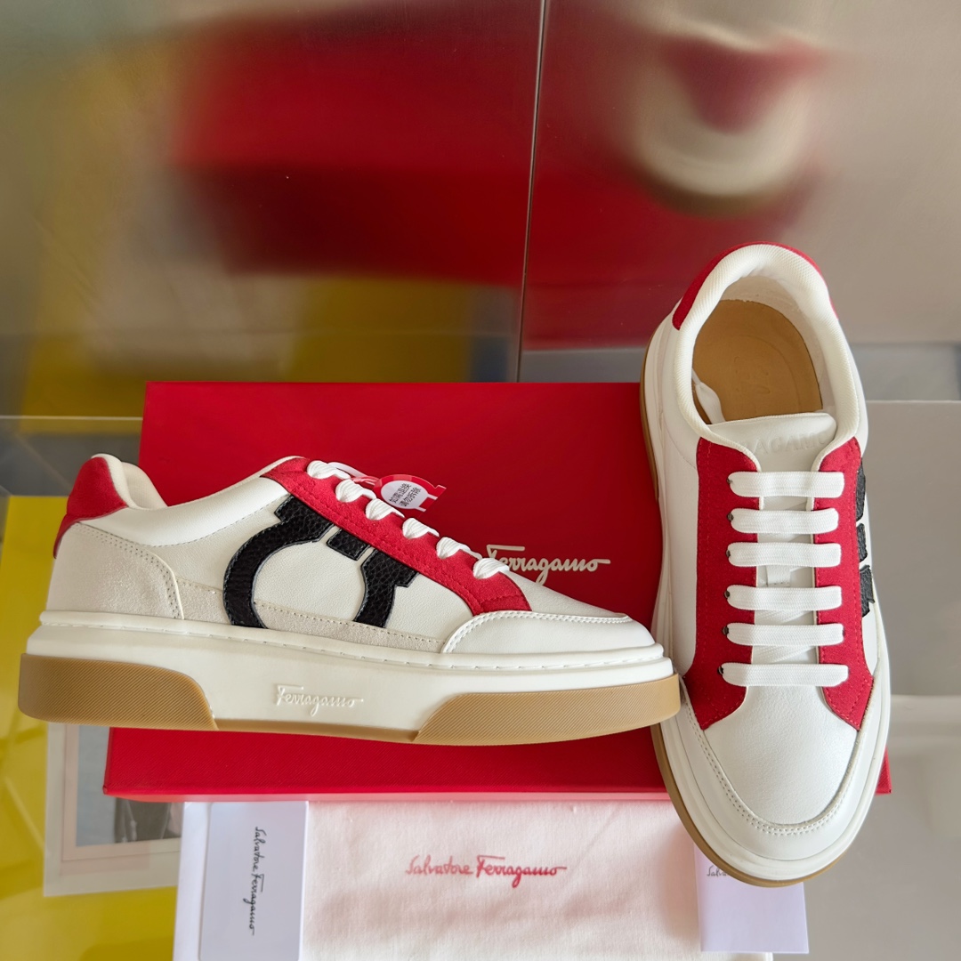 Salvatore Ferragamo Men's White Red Gancini Leather Sneakers - Image 6