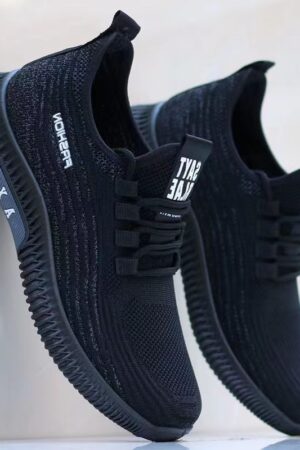 Striped Knit Strap Sneakers with Text Details - Modern Style