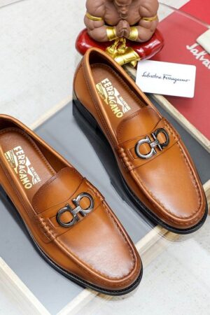 Tan Leather Loafers with Silver Gancini Buckle