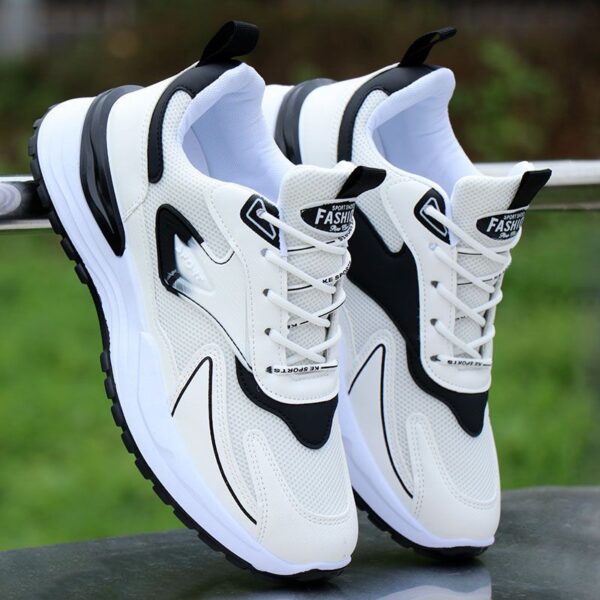 Tri-Color Mesh & Leather Sneakers - White, Gray & Black - Image 2