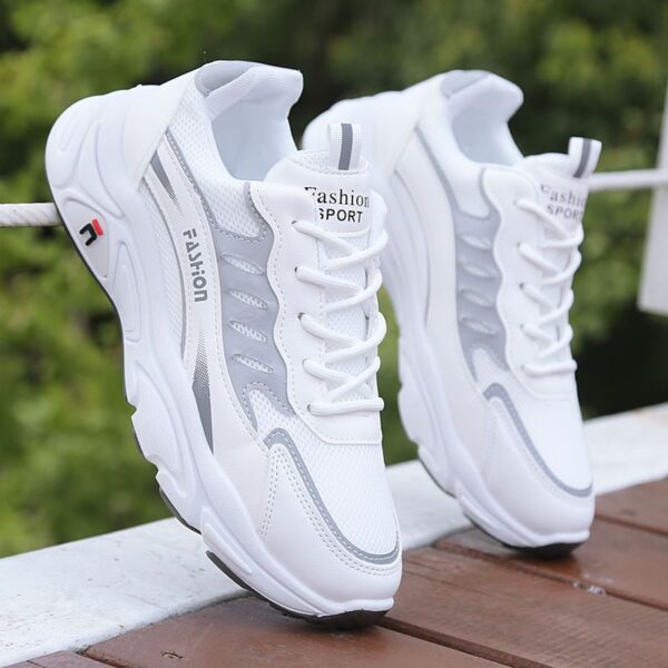 White Mesh Fashion Sneakers - Black & Gray Accents