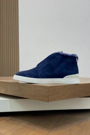 Zegna Navy Blue Suede & Shearling-Lined High-Top Sneakers