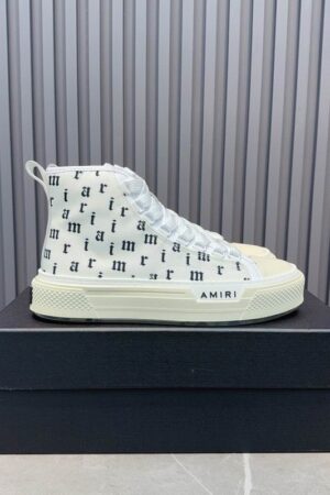Amiri Court High-Top Sneakers in White with Black Print