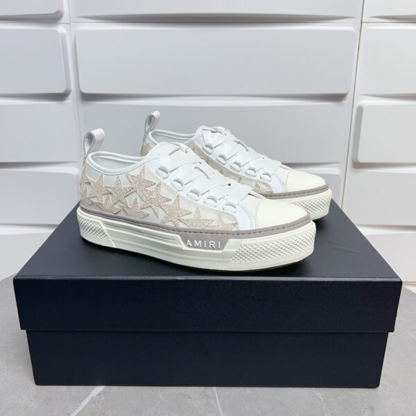 Amiri Stars Court Low-Top Sneakers in White with Beige Stars - Image 7