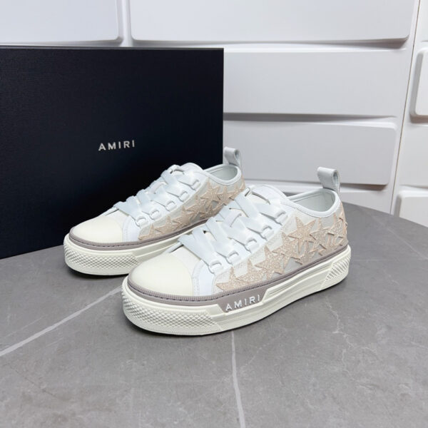 Amiri Stars Court Low-Top Sneakers in White with Beige Stars - Image 6