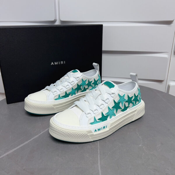 Amiri Stars Court Low-Top Sneakers in White with Green Stars. - Image 4