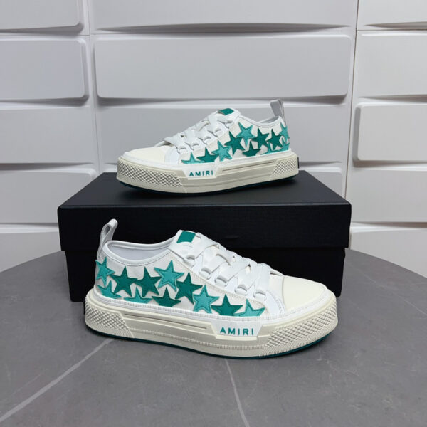 Amiri Stars Court Low-Top Sneakers in White with Green Stars. - Image 3