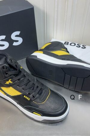BOSS Black and Yellow High-Top Sneaker.