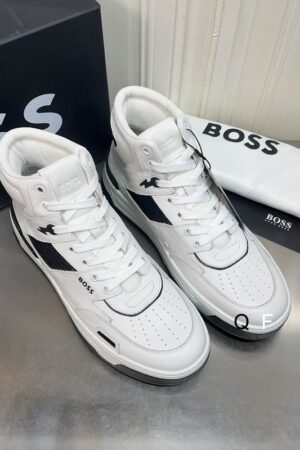 BOSS White and Black High-Top Sneaker.