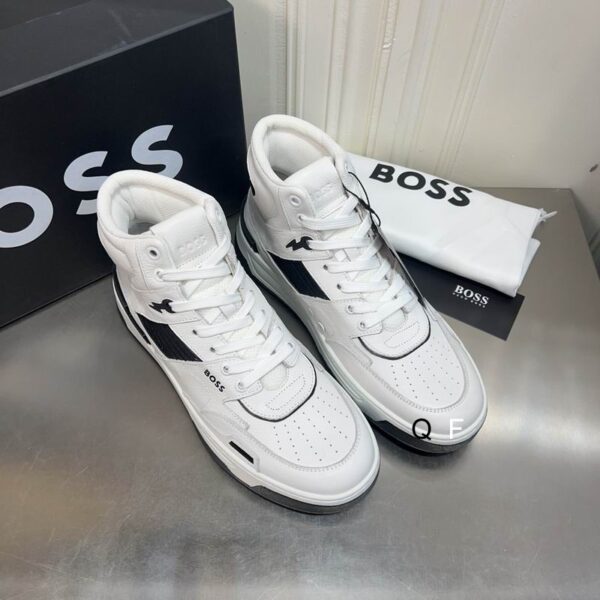 BOSS White and Black High-Top Sneaker on display