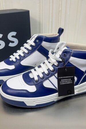 BOSS White and Blue High-Top Sneaker.