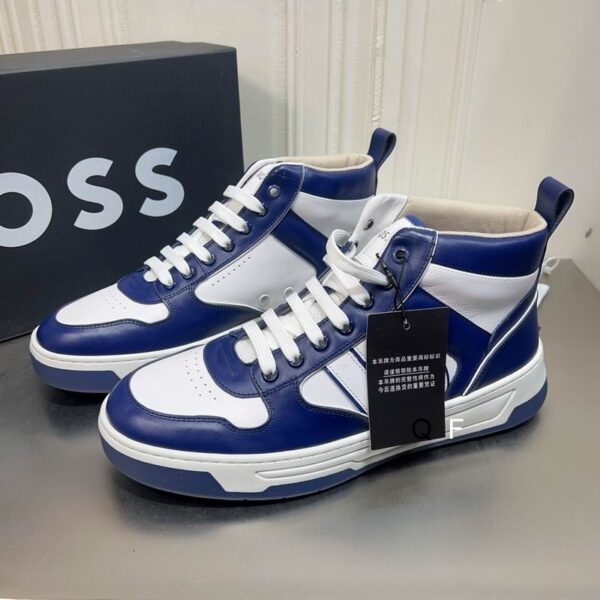BOSS White and Blue High-Top Sneaker.