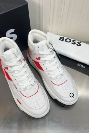 BOSS White and Red High-Top Sneaker.