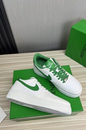 Bottega Veneta White Woven Low-Top Sneaker, Green Accents.